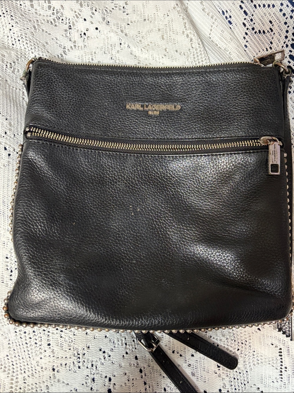 Karl Lagerfeld Black Pebbled Leather Shoulder Bag with Gold Hardware